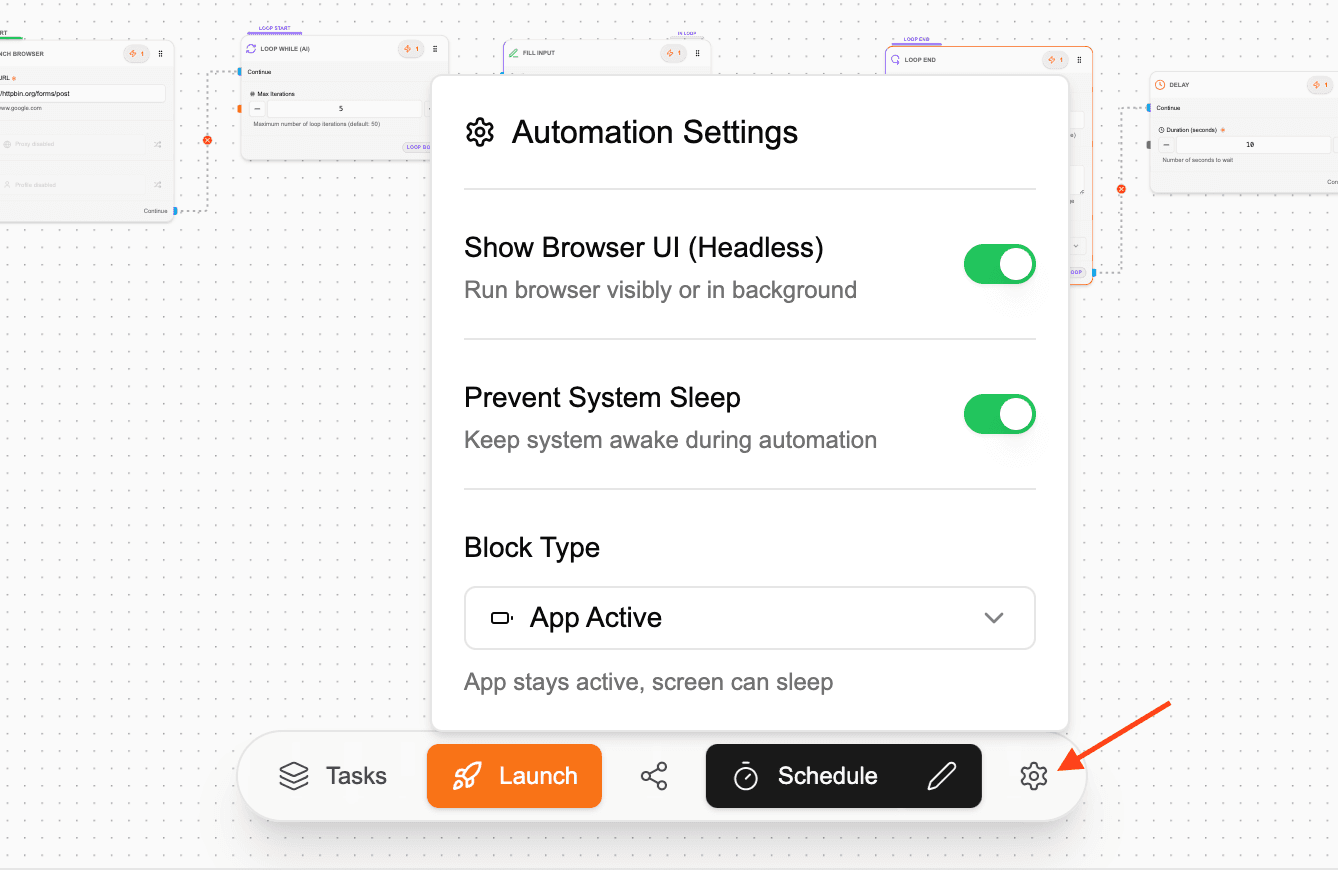 Automation Settings in Control Center