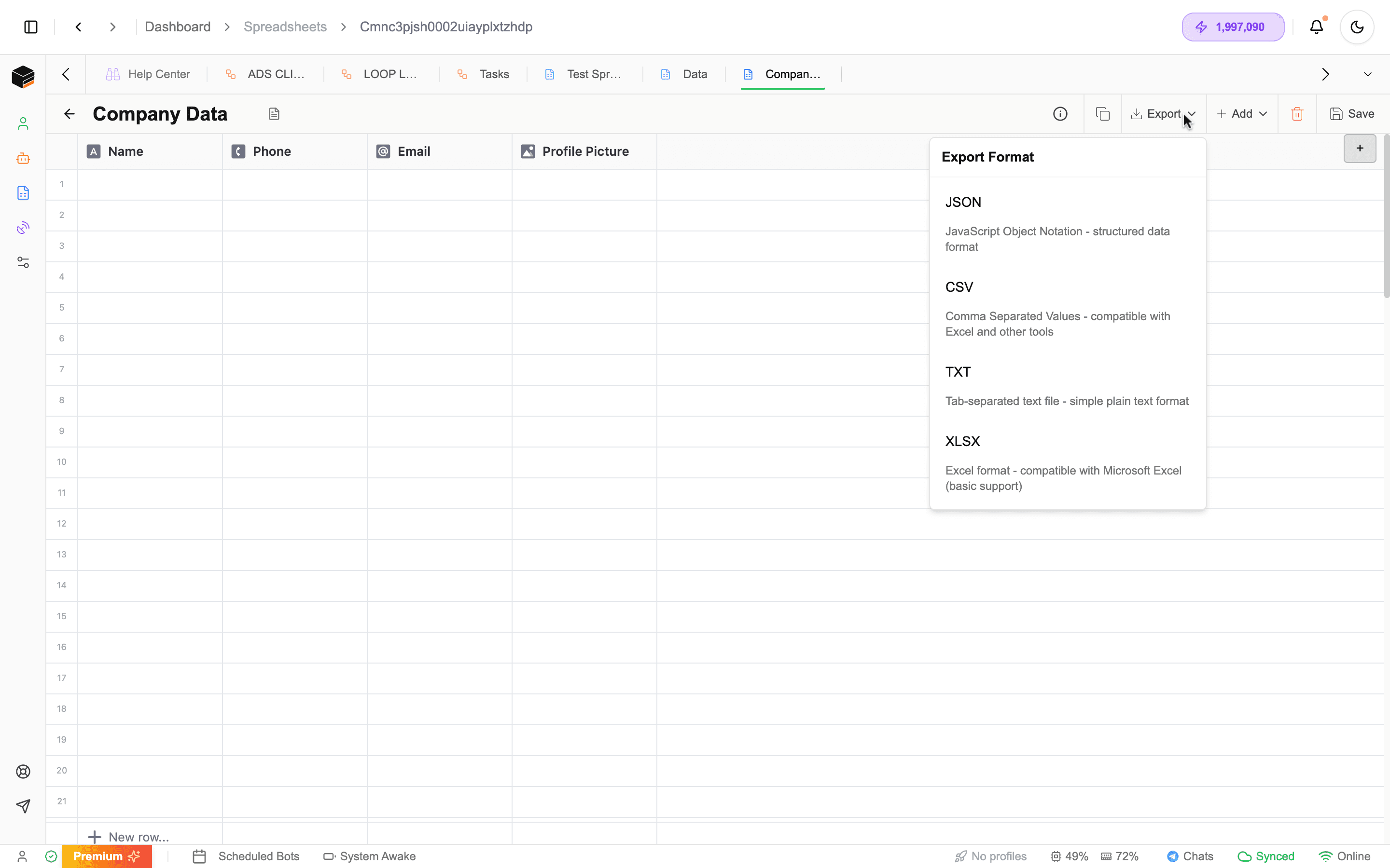 Spreadsheet Data Page