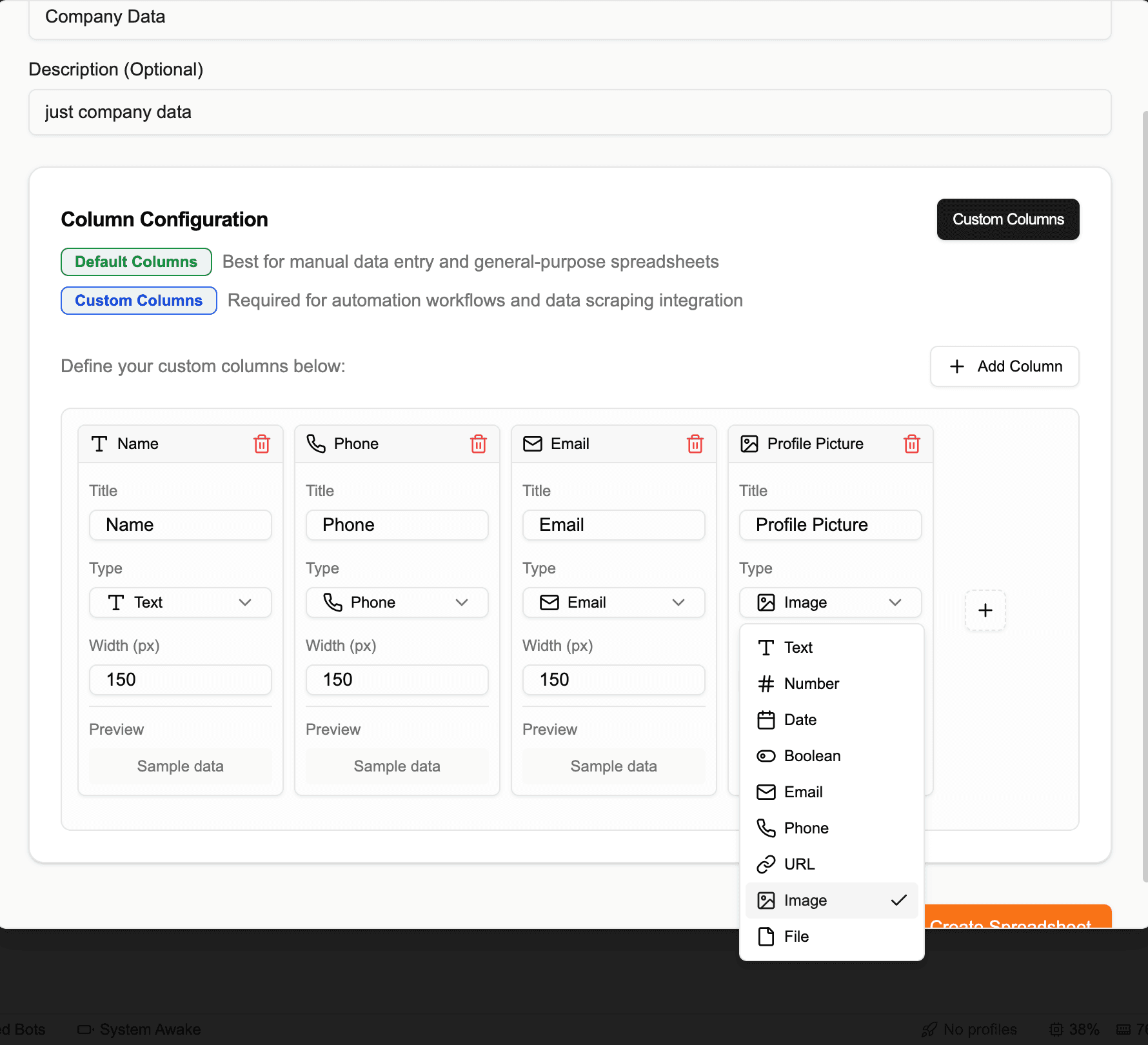 Column Configuration Modal