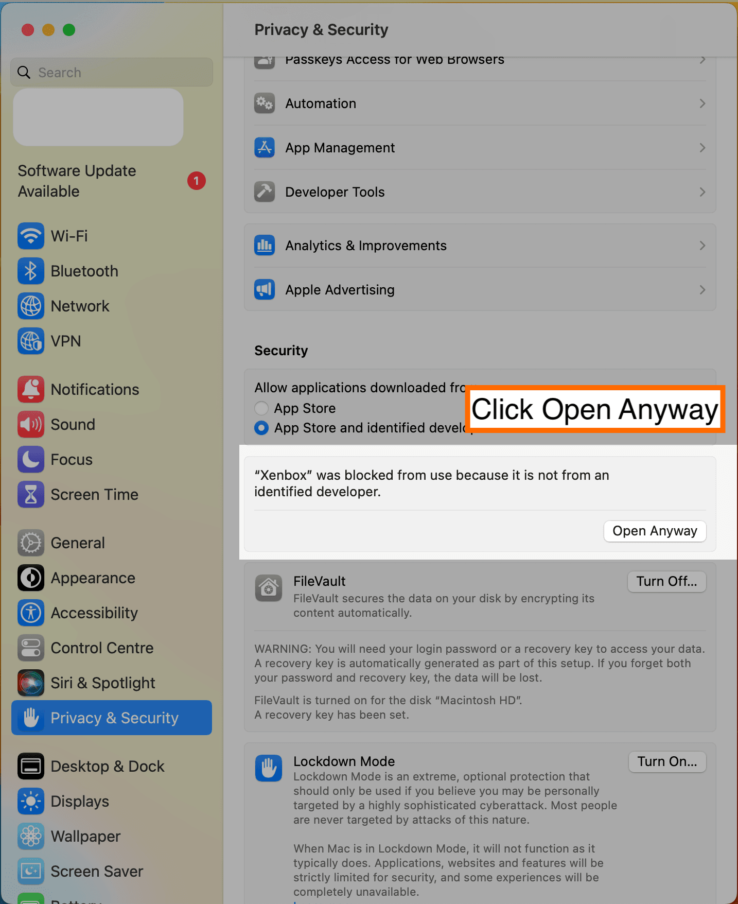 macOS Privacy and Security settings showing the Open Anyway button