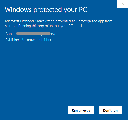 Windows SmartScreen warning dialog